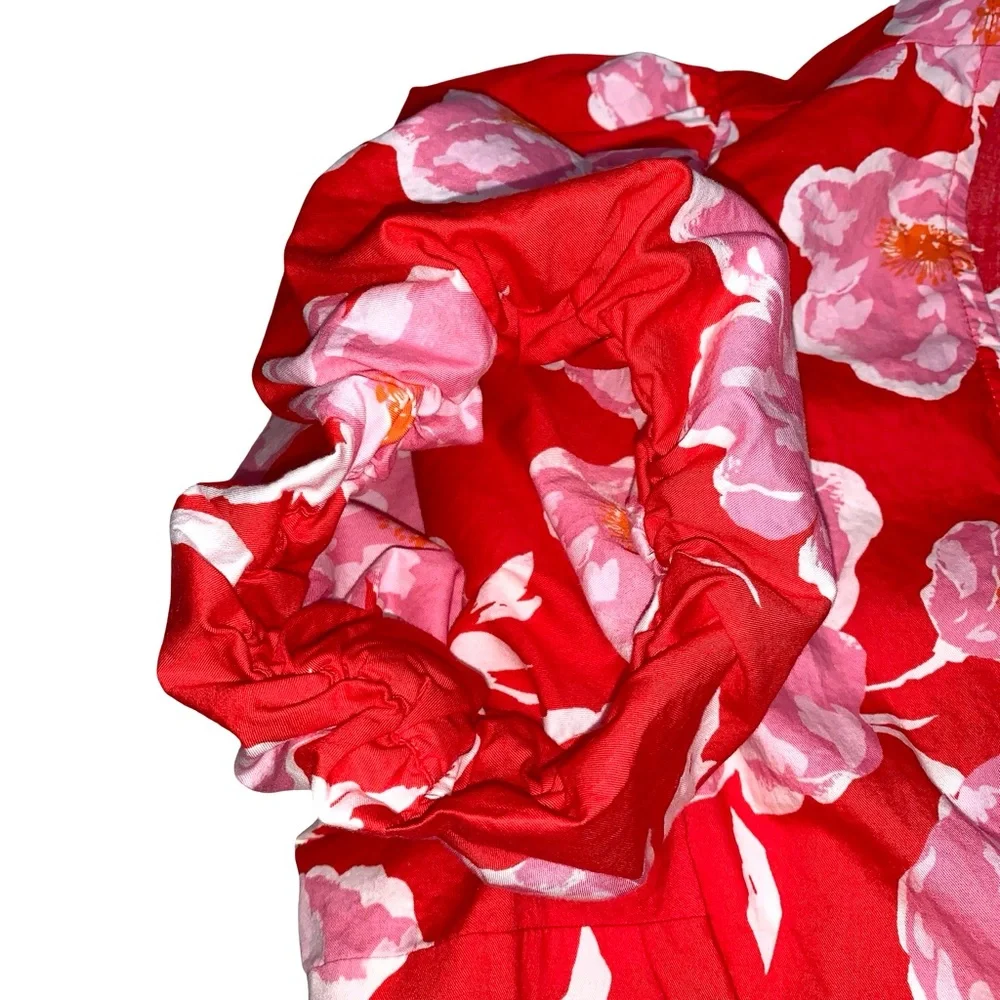 Old Navy Floral Wrap Blouse Puff Sleeves Large Red Cotton Lightweight V Neck
